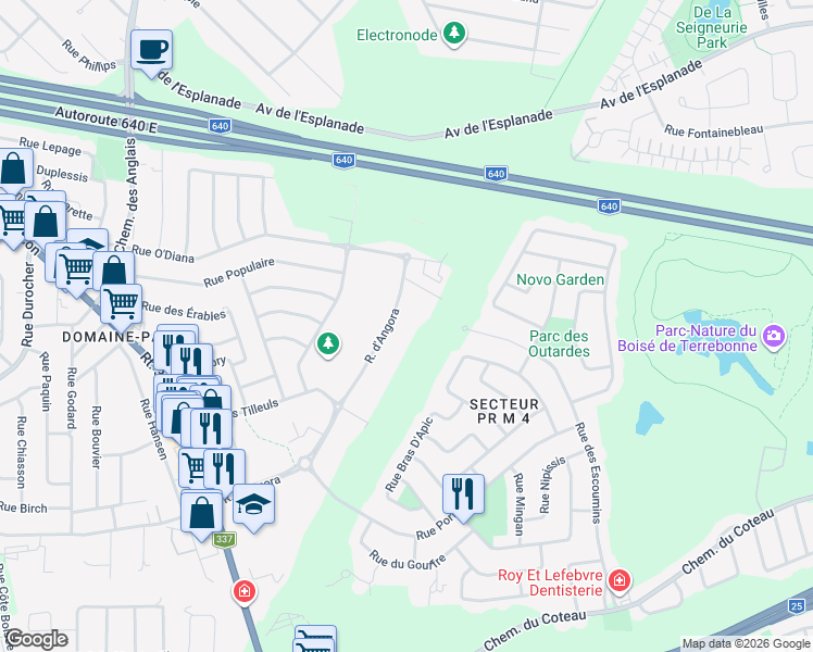 map of restaurants, bars, coffee shops, grocery stores, and more near 5870 Rue d'Angora in Terrebonne