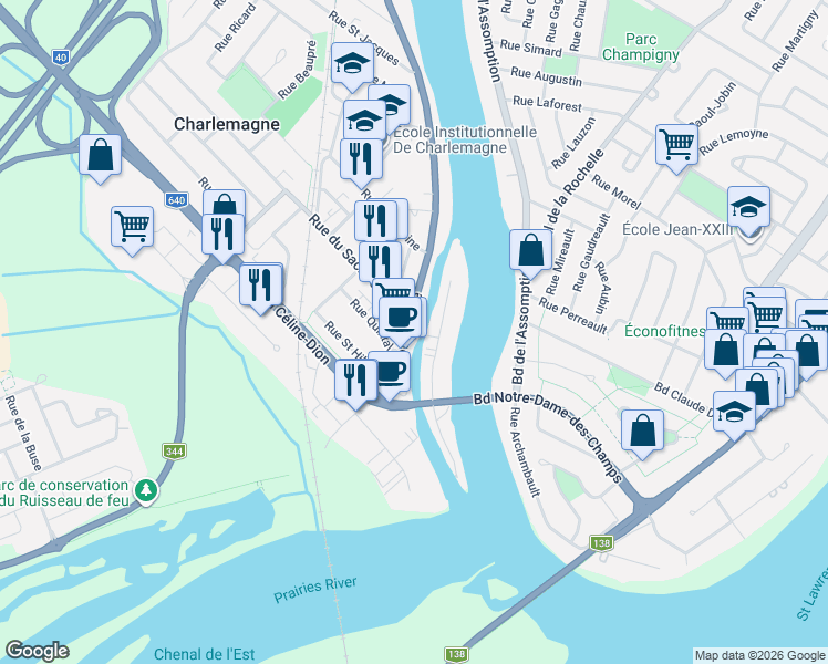 map of restaurants, bars, coffee shops, grocery stores, and more near 144 Rue Notre Dame in Charlemagne