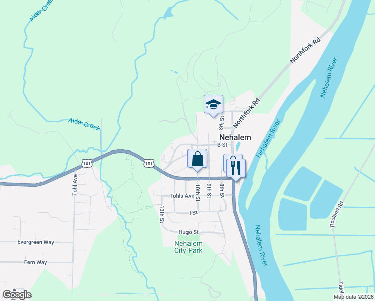 map of restaurants, bars, coffee shops, grocery stores, and more near 12850 Hayes Drive in Nehalem