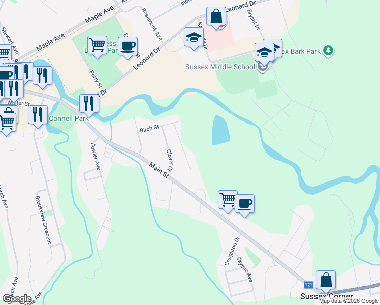 map of restaurants, bars, coffee shops, grocery stores, and more near 22 Oak Court in Sussex