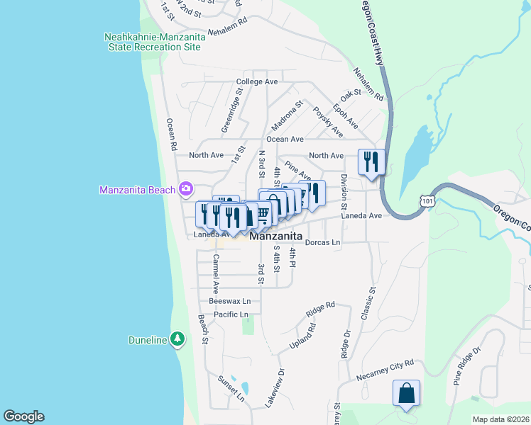 map of restaurants, bars, coffee shops, grocery stores, and more near 248 3rd Street in Manzanita