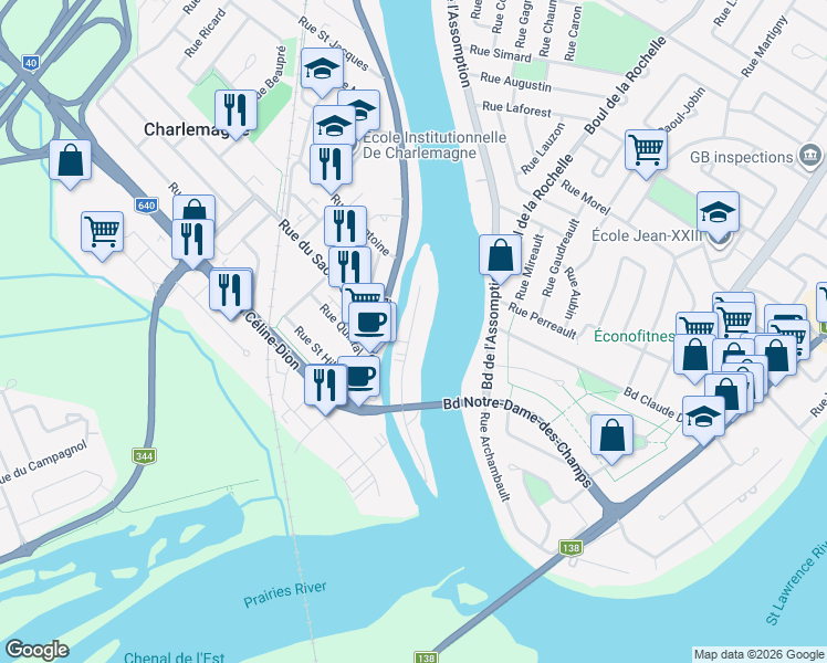 map of restaurants, bars, coffee shops, grocery stores, and more near 162 Rue Trésors de l'Île in Charlemagne