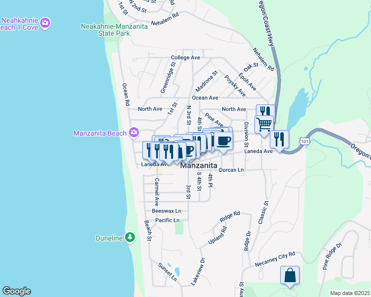 map of restaurants, bars, coffee shops, grocery stores, and more near 302 3rd Street in Manzanita