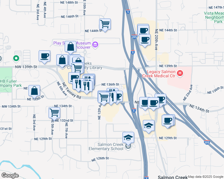 map of restaurants, bars, coffee shops, grocery stores, and more near 1301 Northeast 136th Street in Vancouver