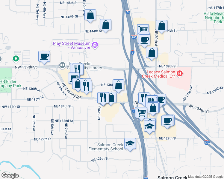 map of restaurants, bars, coffee shops, grocery stores, and more near 1301 Northeast 136th Street in Vancouver