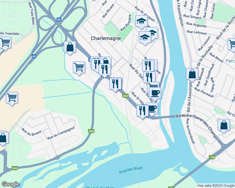 map of restaurants, bars, coffee shops, grocery stores, and more near 115 Boulevard Céline-Dion in Charlemagne