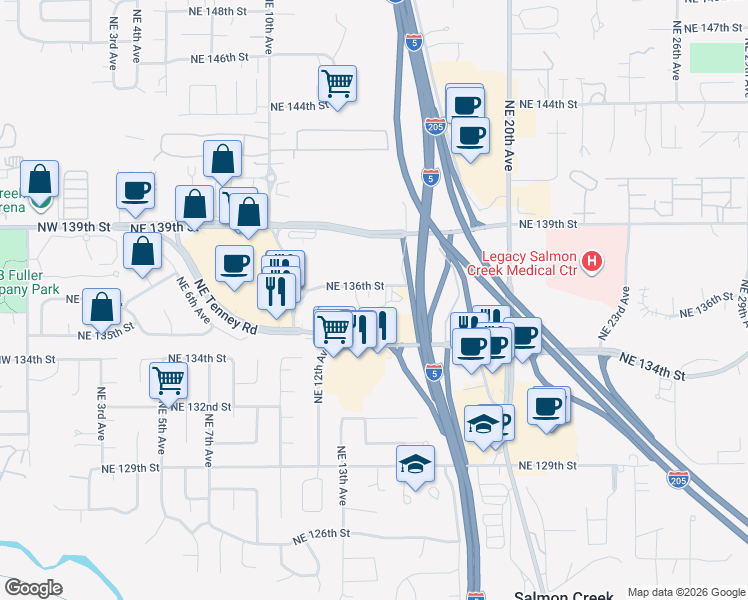 map of restaurants, bars, coffee shops, grocery stores, and more near 1521 Northeast 136th Street in Vancouver