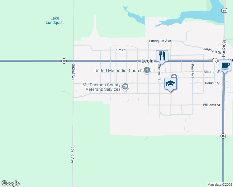 map of restaurants, bars, coffee shops, grocery stores, and more near 402 3rd Street in Leola