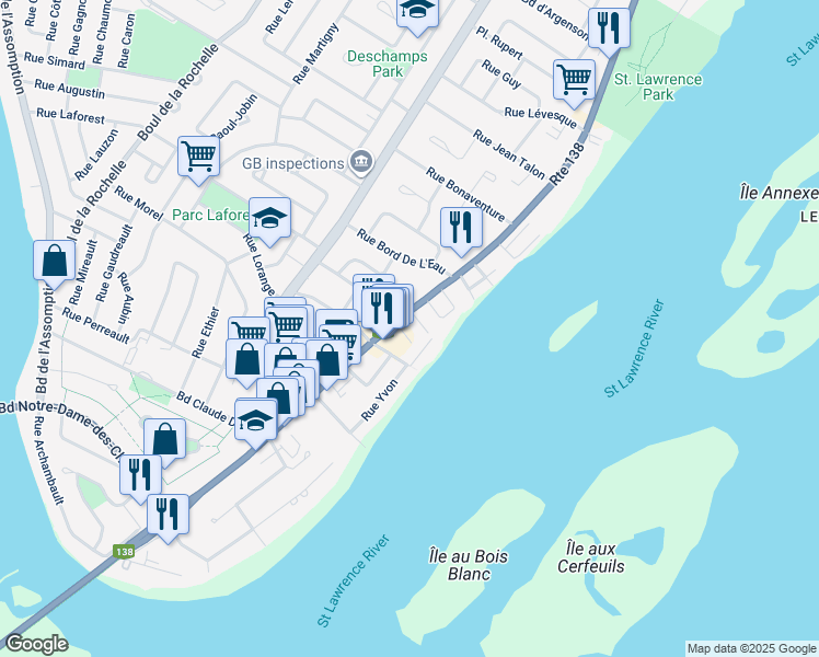 map of restaurants, bars, coffee shops, grocery stores, and more near 212 Rue Notre-Dame in Repentigny