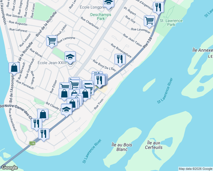 map of restaurants, bars, coffee shops, grocery stores, and more near 212 Rue Notre-Dame in Repentigny