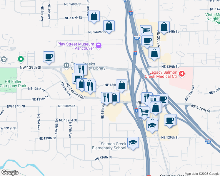 map of restaurants, bars, coffee shops, grocery stores, and more near 1301 Northeast 136th Street in Vancouver