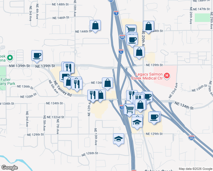 map of restaurants, bars, coffee shops, grocery stores, and more near 1521 Northeast 136th Street in Vancouver