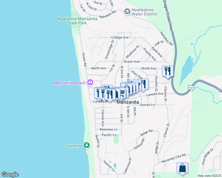 map of restaurants, bars, coffee shops, grocery stores, and more near 101 Manzanita Avenue in Manzanita