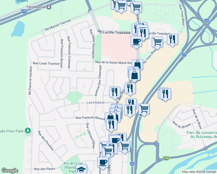 map of restaurants, bars, coffee shops, grocery stores, and more near 555 Rue Pierre-Rivière in Terrebonne