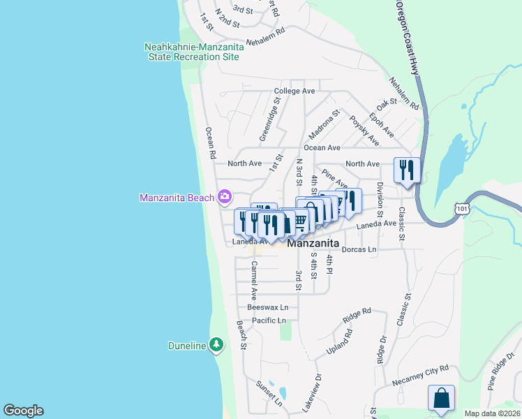 map of restaurants, bars, coffee shops, grocery stores, and more near Shore Pine Court in Bayside Gardens