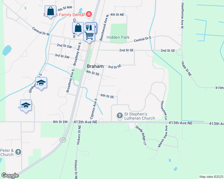 map of restaurants, bars, coffee shops, grocery stores, and more near 523 5th Street Southeast in Braham