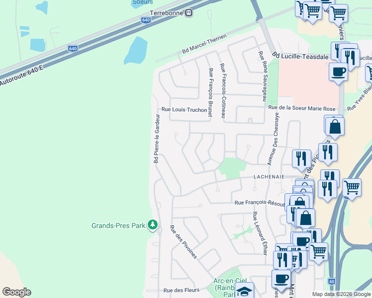 map of restaurants, bars, coffee shops, grocery stores, and more near 677 Rue Marie Anne Trottier in Terrebonne