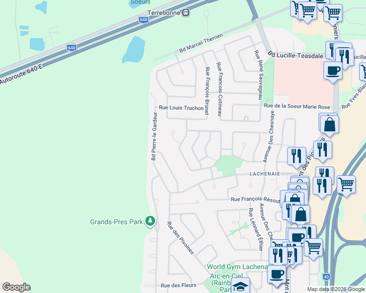 map of restaurants, bars, coffee shops, grocery stores, and more near 677 Rue Marie Anne Trottier in Terrebonne