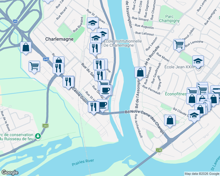 map of restaurants, bars, coffee shops, grocery stores, and more near 166 Rue Notre Dame in Charlemagne