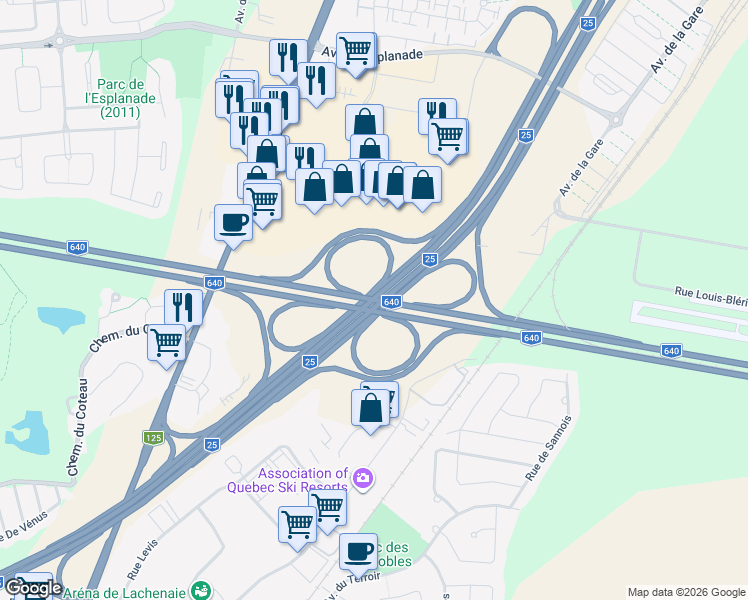 map of restaurants, bars, coffee shops, grocery stores, and more near Autoroute 640 in Mascouche