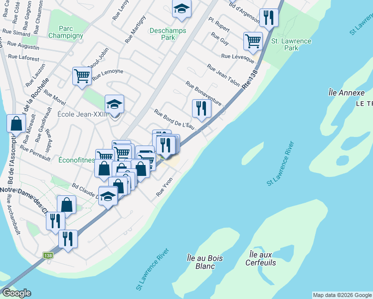 map of restaurants, bars, coffee shops, grocery stores, and more near 214 Rue Notre-Dame in Repentigny