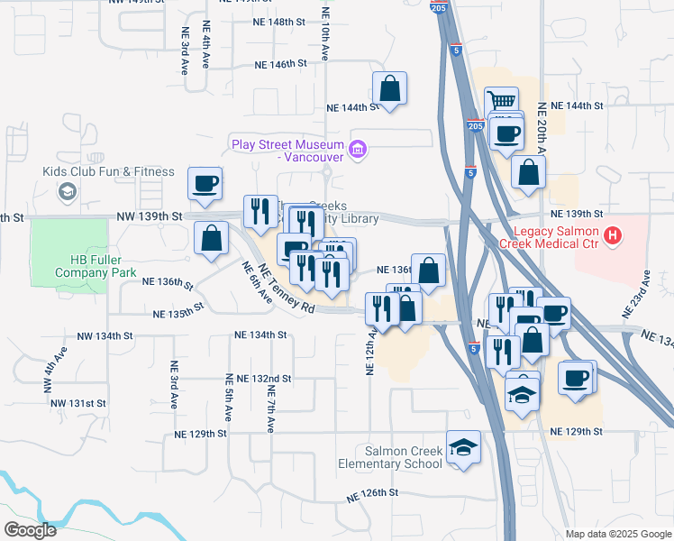 map of restaurants, bars, coffee shops, grocery stores, and more near 13600 Northeast 10th Avenue in Vancouver