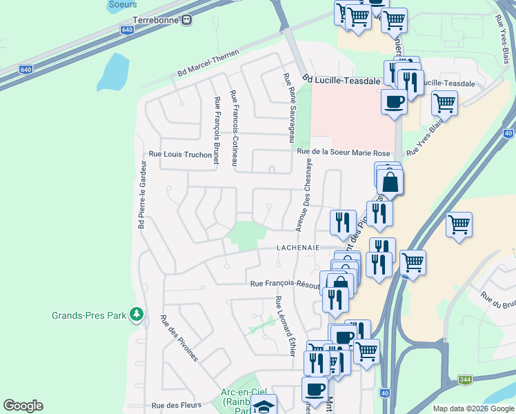 map of restaurants, bars, coffee shops, grocery stores, and more near 657 Rue Charles de Couagne in Terrebonne
