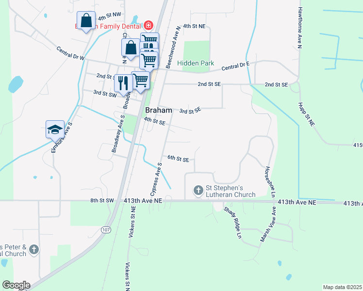 map of restaurants, bars, coffee shops, grocery stores, and more near 523 5th Street Southeast in Braham