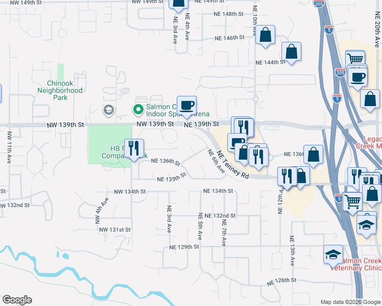 map of restaurants, bars, coffee shops, grocery stores, and more near 412 Northeast 136th Way in Vancouver