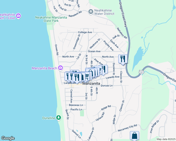 map of restaurants, bars, coffee shops, grocery stores, and more near 302 3rd Street in Manzanita