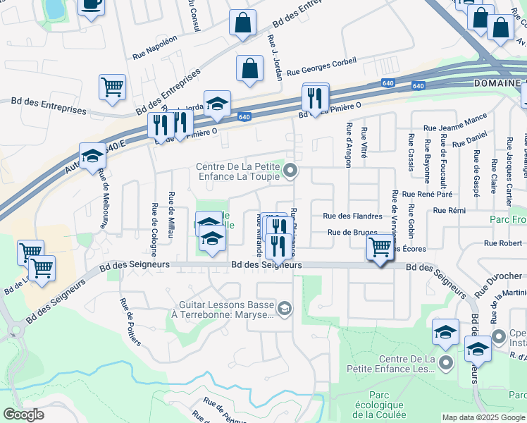 map of restaurants, bars, coffee shops, grocery stores, and more near 1841 Rue de Mirande in Terrebonne