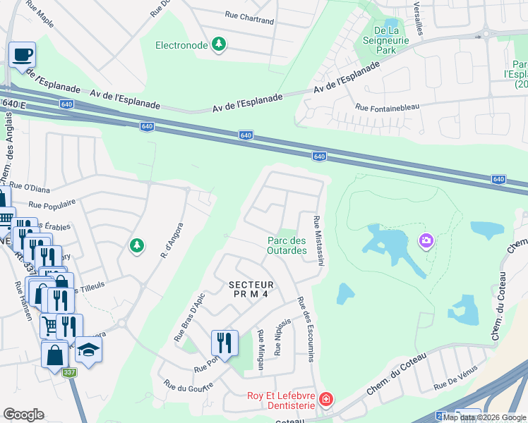 map of restaurants, bars, coffee shops, grocery stores, and more near 112 Rue de la Ragueneau in Terrebonne