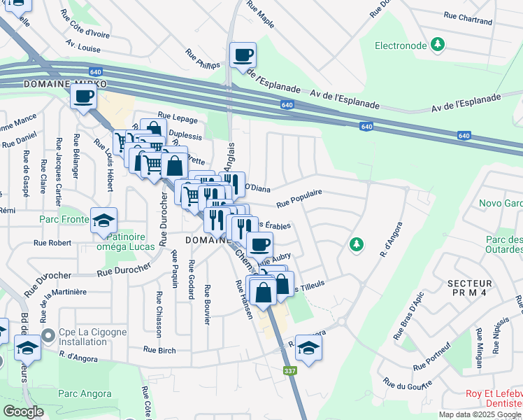 map of restaurants, bars, coffee shops, grocery stores, and more near 452 Rue Populaire in Terrebonne
