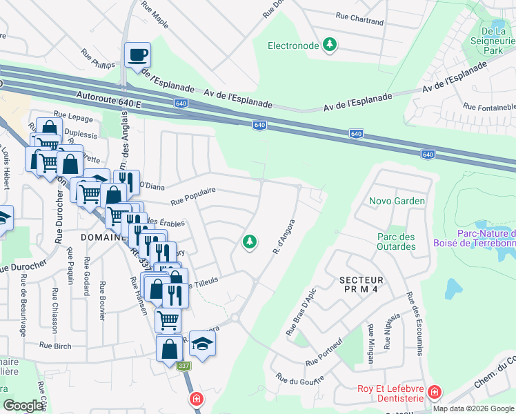 map of restaurants, bars, coffee shops, grocery stores, and more near Rue de l'Harricana in Terrebonne