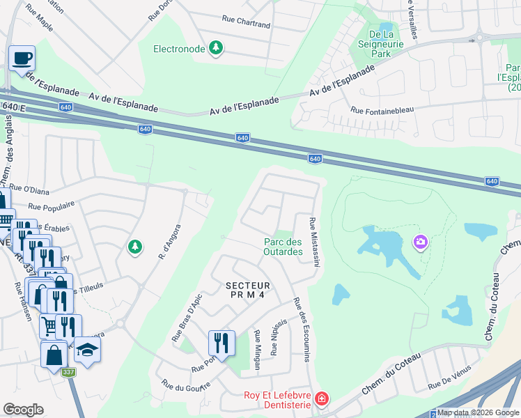 map of restaurants, bars, coffee shops, grocery stores, and more near 112 Rue de la Ragueneau in Terrebonne