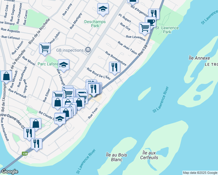 map of restaurants, bars, coffee shops, grocery stores, and more near 216 Rue Notre-Dame in Repentigny