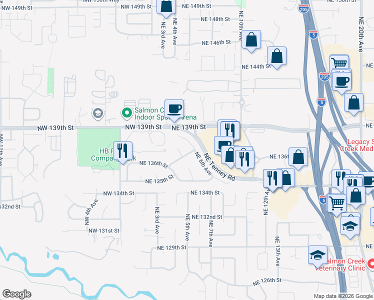 map of restaurants, bars, coffee shops, grocery stores, and more near 412 Northeast 136th Way in Vancouver