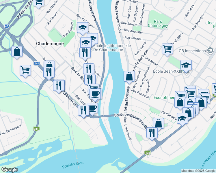 map of restaurants, bars, coffee shops, grocery stores, and more near 142 Rue Trésors de l'Île in Charlemagne