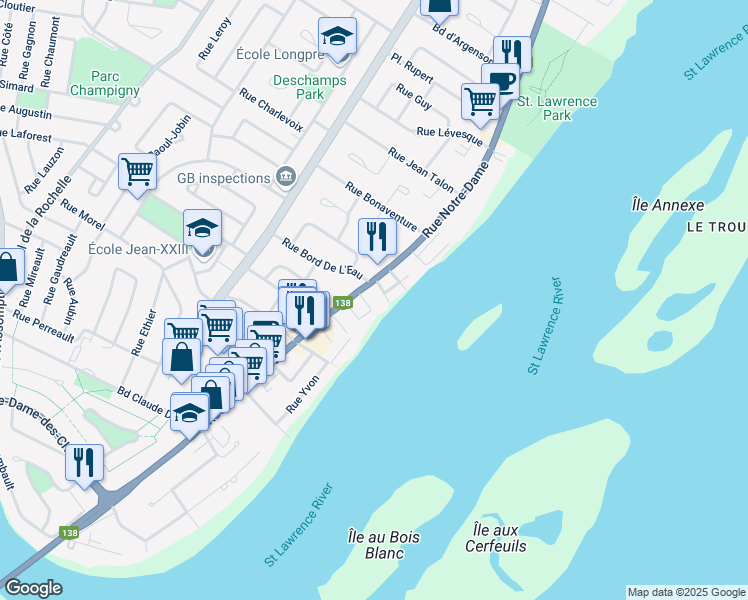 map of restaurants, bars, coffee shops, grocery stores, and more near 218 Rue Notre-Dame in Repentigny