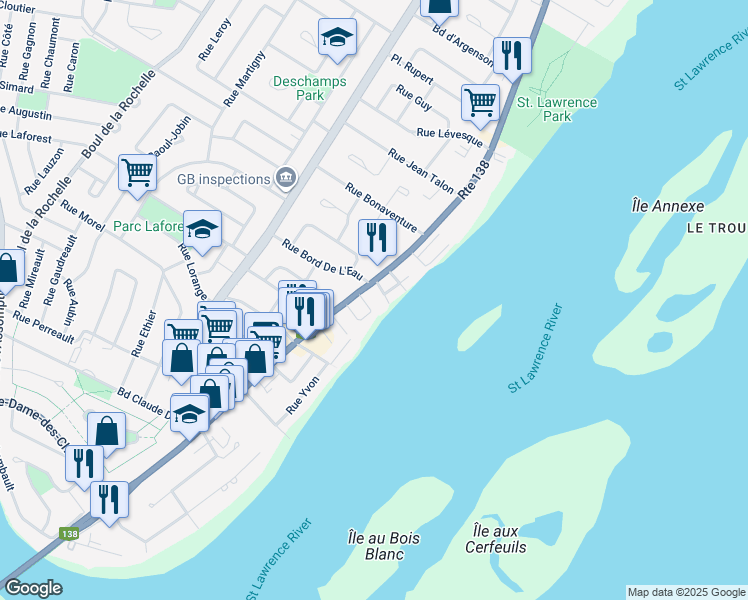 map of restaurants, bars, coffee shops, grocery stores, and more near 218 Rue Notre-Dame in Repentigny