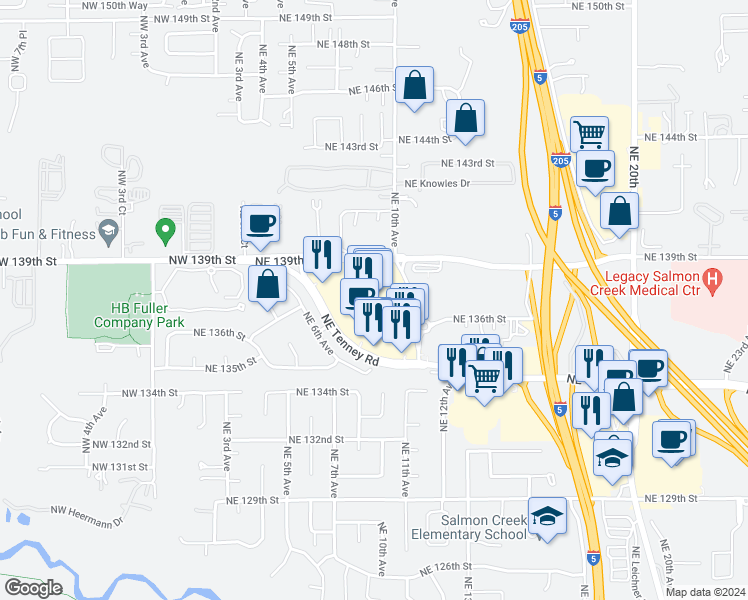 map of restaurants, bars, coffee shops, grocery stores, and more near 800 Northeast Tenney Road in Vancouver