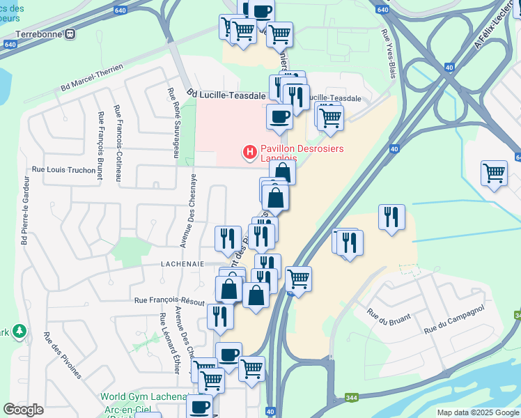 map of restaurants, bars, coffee shops, grocery stores, and more near 703 Montée des Pionniers in Terrebonne