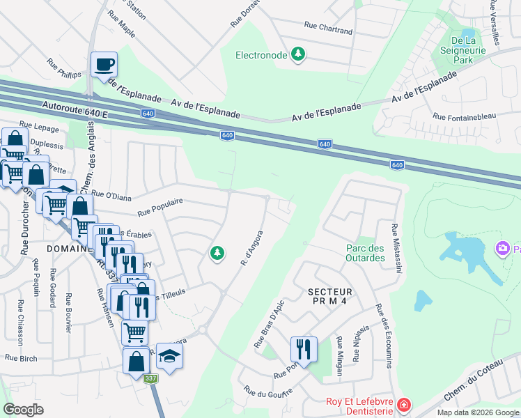 map of restaurants, bars, coffee shops, grocery stores, and more near 6201 Rue d'Angora in Terrebonne