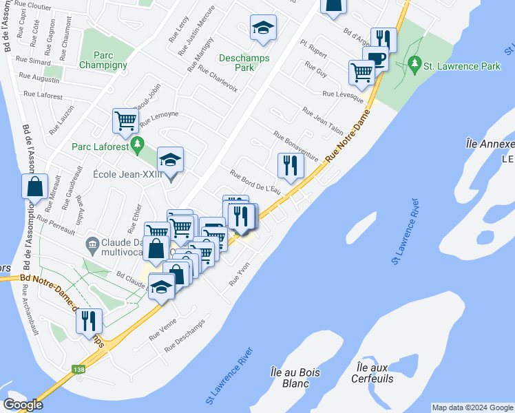 map of restaurants, bars, coffee shops, grocery stores, and more near 201 Rue Notre Dame in Repentigny