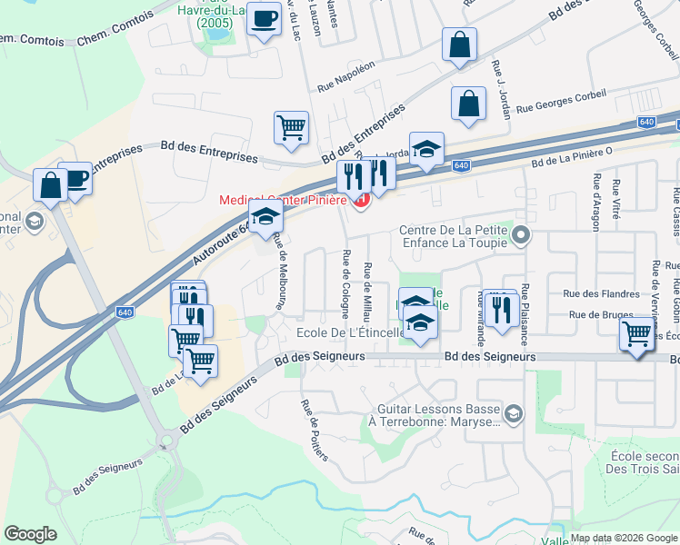 map of restaurants, bars, coffee shops, grocery stores, and more near 1900 Rue de Cologne in Terrebonne