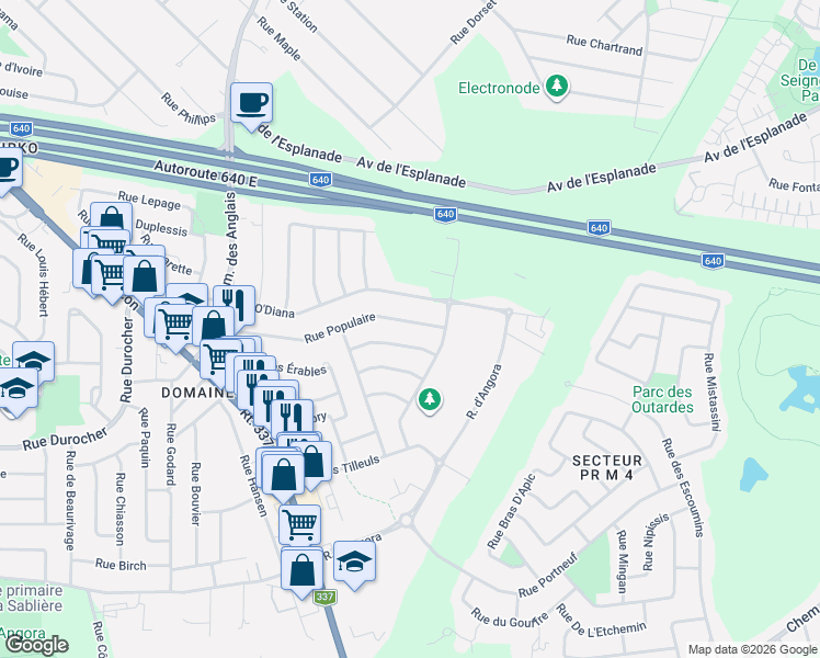 map of restaurants, bars, coffee shops, grocery stores, and more near 614 Rue Populaire in Terrebonne