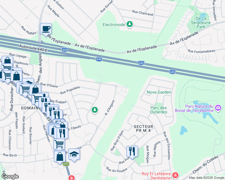 map of restaurants, bars, coffee shops, grocery stores, and more near 6201 Rue d'Angora in Terrebonne
