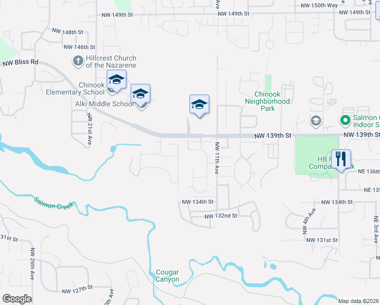 map of restaurants, bars, coffee shops, grocery stores, and more near 1217 Northwest 138th Street in Vancouver