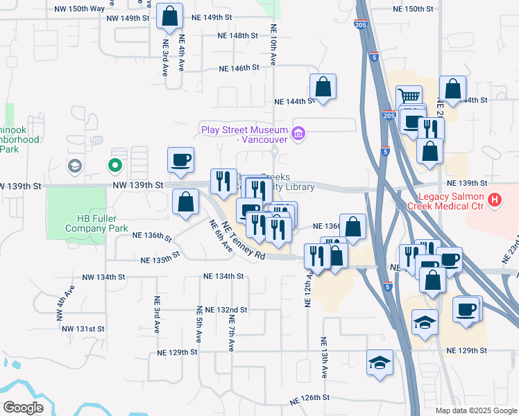 map of restaurants, bars, coffee shops, grocery stores, and more near 1015 Northeast 139th Street in Vancouver
