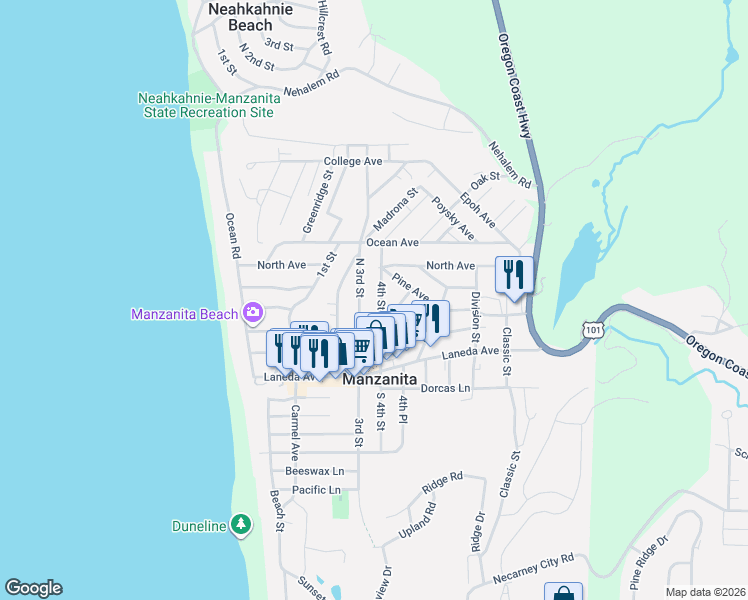 map of restaurants, bars, coffee shops, grocery stores, and more near 437 4th Street in Manzanita
